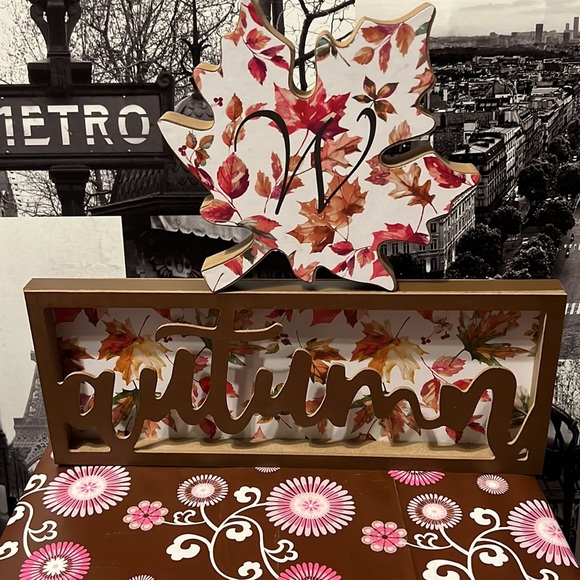 New Home Collection Fall/Autumn Leaves Shelf Sitter Decor Set with Initial “W” - Picture 3 of 7